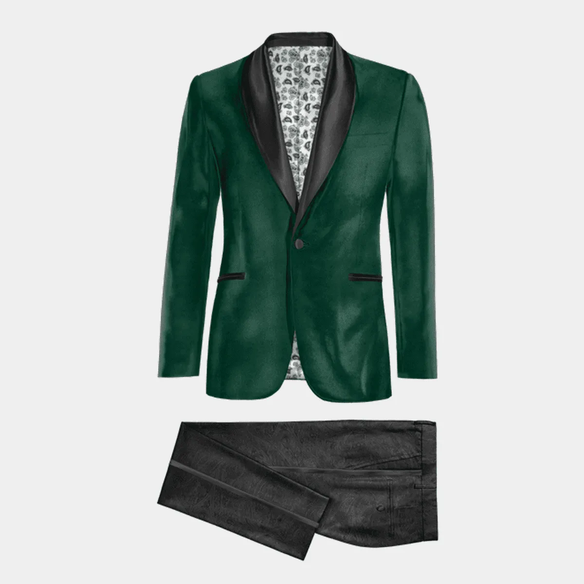 Veste de smoking vert en velours avec revers noir et pantalon noir