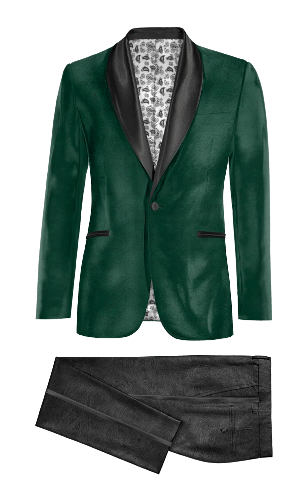 Veste de smoking vert en velours avec revers noir et pantalon noir