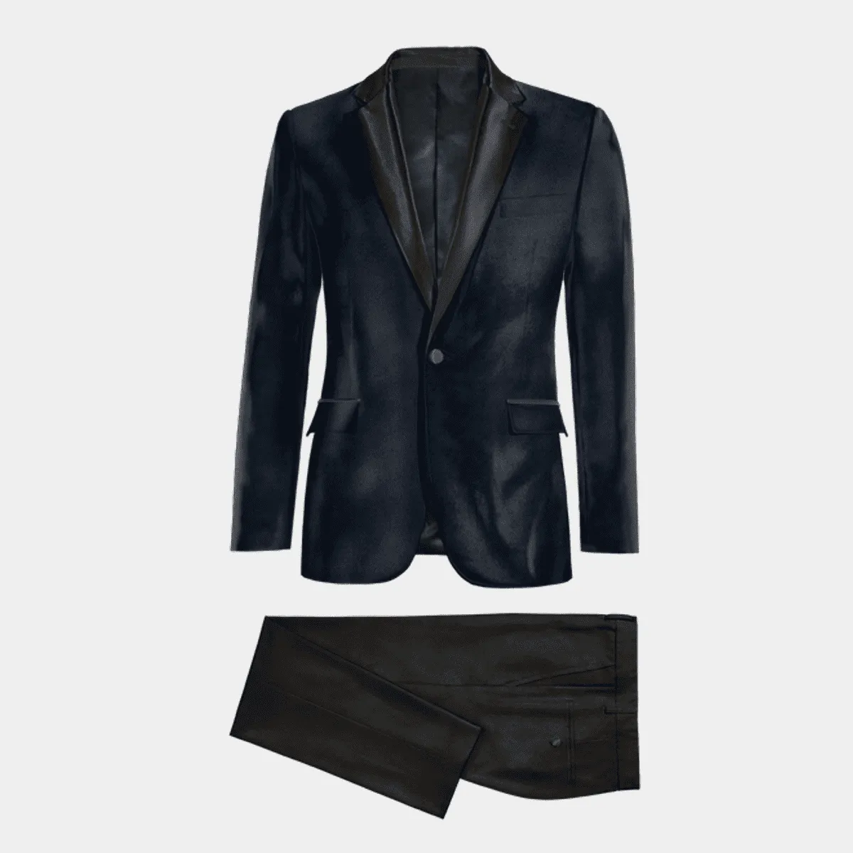 Veste smoking bleu marine en velours avec revers noir et pantalon noir