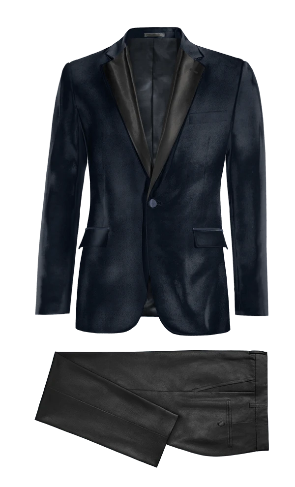 Veste smoking bleu marine en velours avec revers noir et pantalon noir