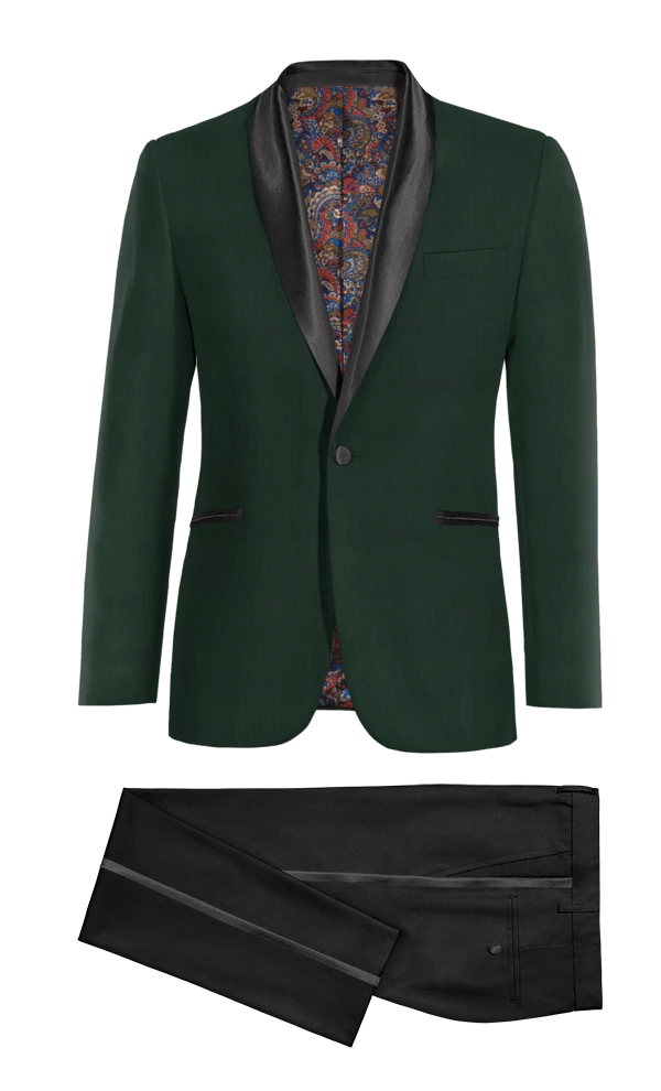 Veste smoking vert avec col châle noir et pantalon noir